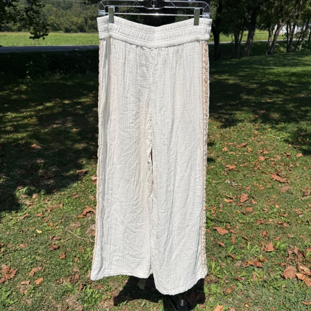 Aerie Cream Gauze Wide Leg Beach Pants M Crochet Trim Boho Cotton Boho Resort - Picture 3 of 10